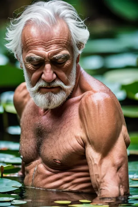 an elder with a long beard and white hair, with a serene face wrinkles, looking producing, body older weak, skinny bones hairy, ...