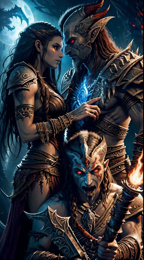 a stunningly intricate close up portrait of a romantic werewolf humanoid couple, in a dream action pose, with very long wild messy hair, blood splatter, ice and flames, in a mesmerizing beautiful dream like romantic exotic, passionate love making scene, ((...