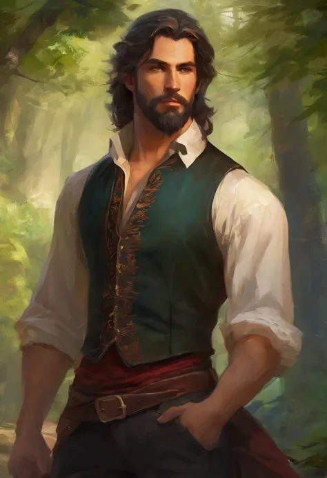 ((A very handsome man)), Beauty of God, with long black hair, blue eyes, beard, strong chest, manly and wearing a red shirt with a black embroidered vest over the shirt and black pants, Victorian Era style, looking at the camera , ((half-body shot)), ((in ...