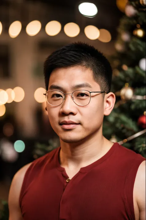 (((Andrew thomas huang, oval face, eyeglasses))), neat muscular, red sleeveless shirt, christmas tree background, bokeh