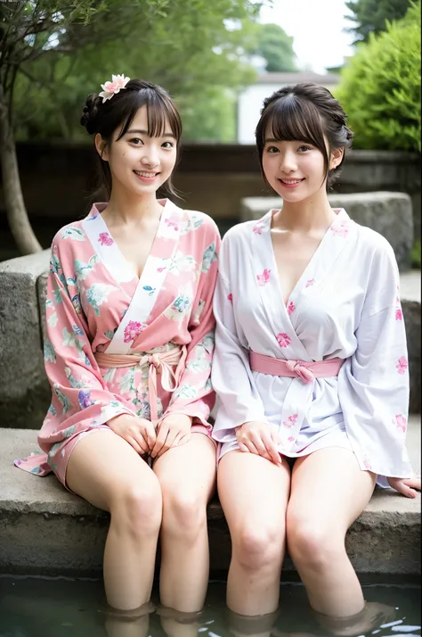 2 girls in hot spring,pale pink floral yukata,hair accessories,18-year-old,bangs,a little smile,thighs,crotch,knees,short cut hair,low poneytail,from below