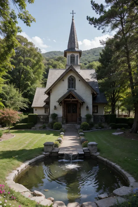 As you stand at the summit of the mountain, a serene chapel is seen nestled among vibrant natural flowers and plants that paint the landscape with a kaleidoscope of colors. A gentle mountain stream gracefully meanders through the chapel, its crystalline wa...