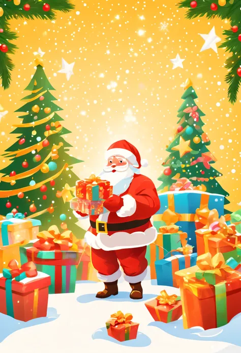 3 Rendering, christmas eve scene, There is a big Christmas tree in the middle of the poster, Decorate with colorful lights, star curtain in sky, and gift box on the snow. Cute and kind Santa Claus holding gifts, warm yellow background and bright night