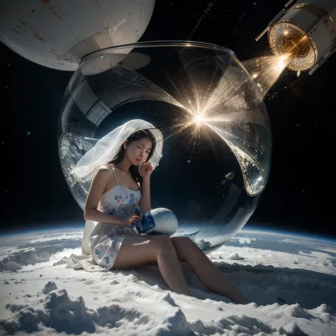 3d Hyper-realistic image of an korea Woman with white dress sitting on a cloud in space pouring water and stars from an java print vase onto the earth, ultra detailed, master piece, photo realistic, 8k, best quality.