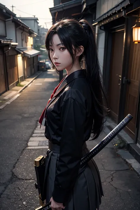 Pretty Japanese female in school uniform with katana in a dark alley, cinematic, 3d render, unreal engine, 32k,--ar 9:16 --niji 5 --style expressive --s 180