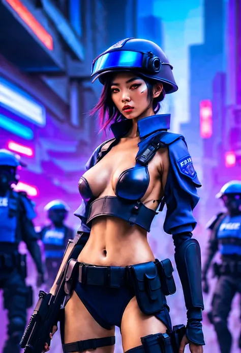 sci-fi city riot with humanoid aliens, beautiful Asian cyberpunk girl wearing a revealing police riot uniform holding a baton, nude, topless, thong, jacket, handcuffs, pistol in holster, police riot helmet