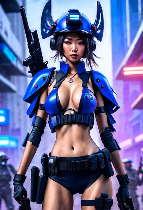 sci-fi city riot with humanoid aliens, beautiful Asian cyberpunk girl wearing a revealing police riot uniform holding a baton, nude, topless, thong, jacket, handcuffs, pistol in holster, police riot helmet