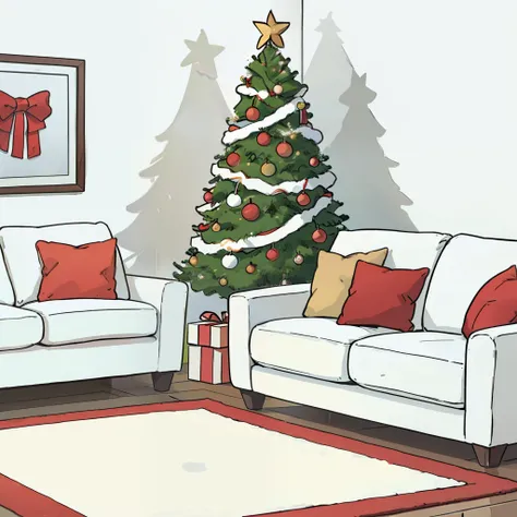 christmas tree a white room with a white wall, sofa, gift, christmas gift