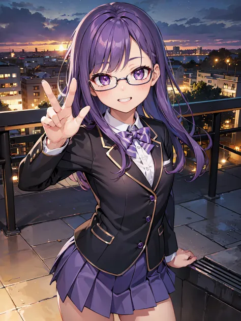 (RAW Photos, Best Quality), (animesque:1.2), (1womanl), Absurd, awardwinning photo, Extreme Detail, very intricate, ((Purple hair, eye glass)), (The face is small), Beautiful eyes, long eyelashes, Clean double eyelids, slenderbody, ((School Uniforms, blaze...