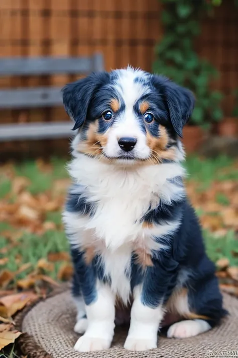 Australian shepherd blue merle puppy, odd eye, Pixar Wind、sitting in front