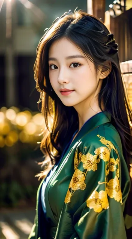 stunning kim jisoo, dark green kimono, shining golden flowers in her hair, beautiful, magical, volumetric light, detailed, rembr...