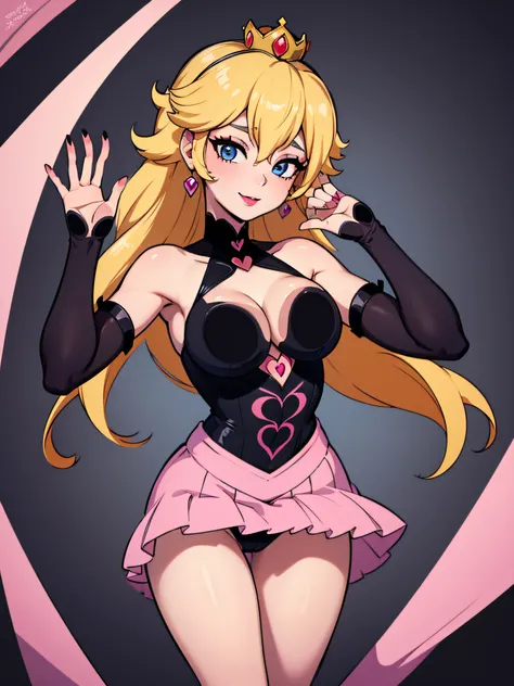 ((high detailed, best quality, 4k, masterpiece, hd:1.3)), Indoors, Princess Peach, blue eyes, original, seductive, attractive, fanart, sexy smile, smooth anime cg art, 34C breasts, long legs, vivid colors, detailed digital art, slim body, perfect skin, blo...