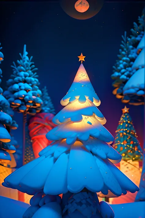 Thick white snow world，A huge 20-meter-tall Christmas tree stands in the center of the fairy tale world town，tas&#39;Full of starry lanterns，diamond，Christmas tree branches covered with thick snow，Match the lighting，The sky  still snowing，The girl clasped ...