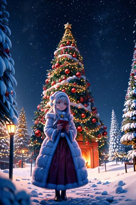 Thick white snow world，A huge 20-meter-tall Christmas tree stands in the center of the fairy tale world town，tas&#39;Full of starry lanterns，diamond，Christmas tree branches covered with thick snow，Match the lighting，The sky  still snowing，The girl clasped ...