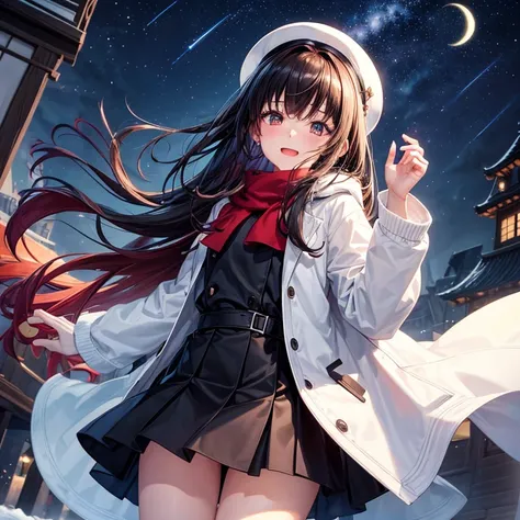 top-quality, hight resolution, 8K images,best qualtiy,hight resolution、A woman who is cute no matter who sees her、Stain cheeks red、Detailed CG background、A dark-haired, a short bob、Absolute area、(Illustration ratio:1.1)、Looking up at the night sky、cold win...