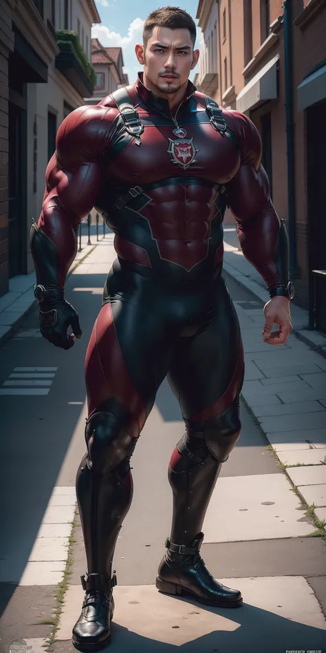 The 2-meter-tall muscular man opened his mouth and screamed，senior police officer，character  design（Resident Evil - Chris Redfield，Chris Redfield）Wearing a shiny burgundy wetsuit，High leather texture，Regular symmetrical texture pattern，Stand on a sunny str...