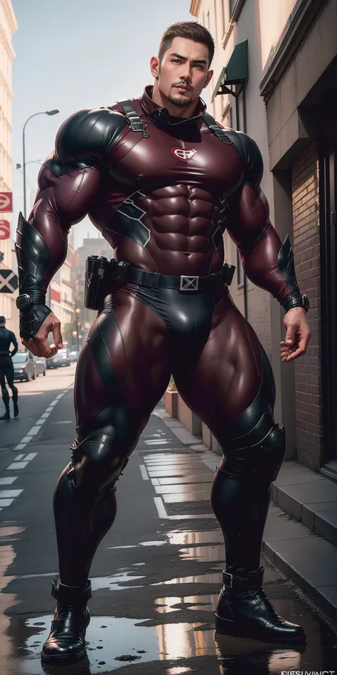 The 2-meter-tall muscular man opened his mouth and screamed，senior police officer，character  design（Resident Evil - Chris Redfield，Chris Redfield）Wearing a shiny burgundy wetsuit，High leather texture，Regular symmetrical texture pattern，Stand on a sunny str...