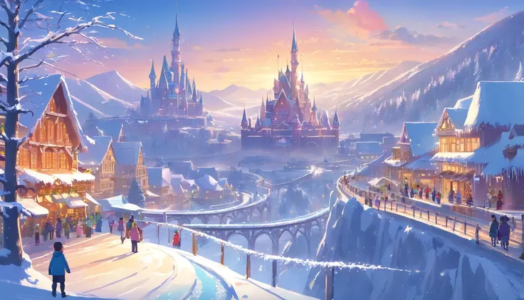 (masterpiece, best quality), A sprawling winter amusement park, draped in a blanket of pristine white snow. Sparkling  sculptures, carved into fantastical creatures and whimsical scenes, line the pathways, casting an enchanting glow under the twinkling fai...