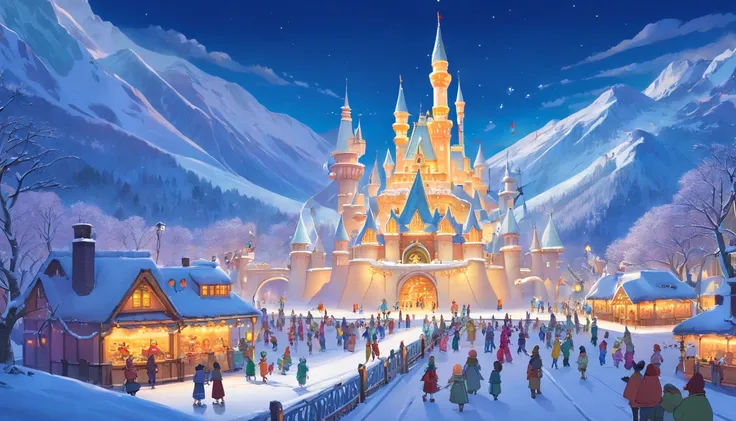 (masterpiece, best quality), A sprawling winter amusement park, draped in a blanket of pristine white snow. Sparkling  sculptures, carved into fantastical creatures and whimsical scenes, line the pathways, casting an enchanting glow under the twinkling fai...