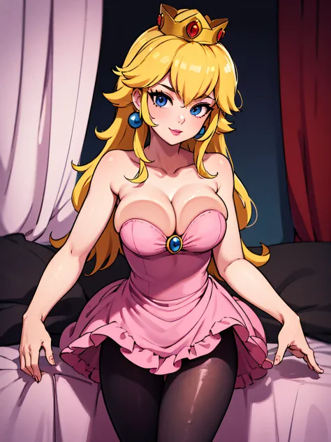 ((high detailed, best quality, 4k, masterpiece, hd:1.3)), Indoors, Princess Peach, blue eyes, original, seductive, attractive, fanart, sexy smile, smooth anime cg art, 34C breasts, long legs, vivid colors, detailed digital art, slim body, perfect skin, blo...