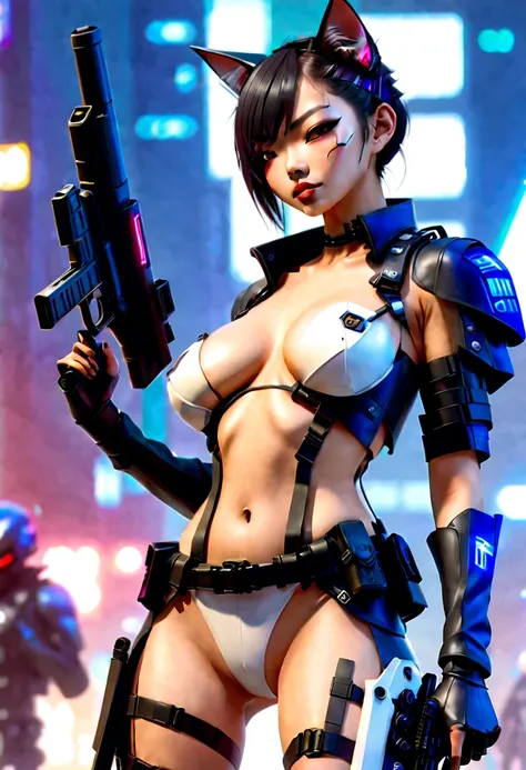 sci-fi city riot with humanoid aliens, beautiful Asian cyberpunk girl wearing a revealing police riot uniform holding a baton, nude, topless, thong, jacket, handcuffs, pistol in holster, police riot helmet, standing next to a police riot android, quad dril...