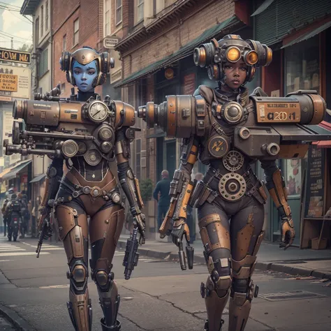 They are two robots walking down the street with guns, detailed cinematic photography, steampunk digital art, big studio, Still images from TV series, Anthropomorphic female, Recommended on Vimeo, yasuke 5 0 0 px model, Robert Koehler, Interconnected human...