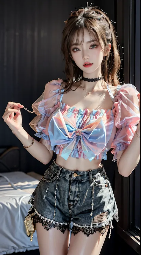 Sweet girl clothes7,skirt,,((cowboy shot)), Asian female model, A young and beautiful girl, Pose gracefully, Attractive pose, high and cold, Blonde hair, curlies, Long messy hair, 美丽细致的眼睛, A plump chest, slim toned body, closeup cleavage, warmly lit, Warm ...
