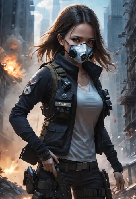 ((high high quality)), ((tmasterpiece)), 8K, girl, bulletproof vest, llight rays, extremely detaild的 CG unified 8k wallpapers, GameCG, looking at viewert, mitts, boots, Full body lesbian, Wrist watch, Computer, masks, UAVs, holdingweapon, Earphone, jaket, ...