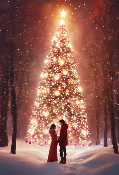 Thick white snow world，A huge 20-meter-tall Christmas tree stands in the center of the fairy tale town，hori&#39;Gypsophila lantern，diamond，Christmas tree branches covered with thick snow，match lamp，The sky  still snowing，The girl clasped her hands together...