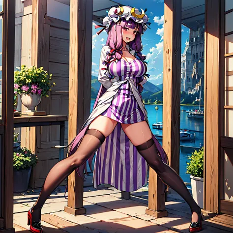 (solo patchouli standing with open thin legs wide:1.8), (open slim thighs:1.5), solo, (standing at lakeside forest:2.0), break, ...