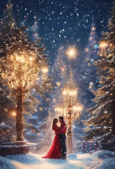 Thick white snow world，A huge 20-meter-tall Christmas tree stands in the center of the fairy tale town，hori&#39;Gypsophila lantern，diamond，Christmas tree branches covered with thick snow，match lamp，The sky  still snowing，The girl clasped her hands together...