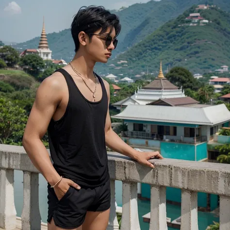 18 year old Thai guy with black middle short wavy hair. Wearing a black tank top, wim shorts, Prada sunglasses and a pearl necklace. He  standing in side profile on an exotic hill in the background a typically Thai seaview