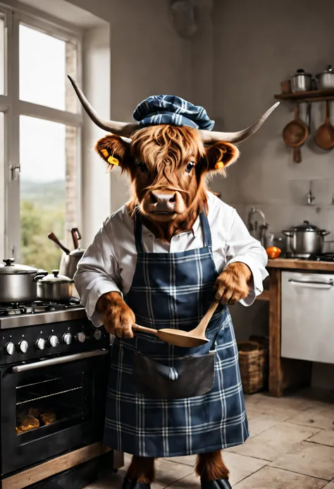 jolie vache des Highlands écossais, habillé en cuisinier, cuisine