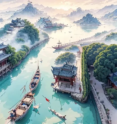 ( (8K:1.27), quality, tmasterpiece, 超高分辨率:1.2) ，Ink painting of ancient buildings on the island，the tower、that tree, Yang Jie&#39;s meticulous paintings, pixiv, Modern European ink painting, chinese watercolor style, highly detailed water colour 8 k, High ...