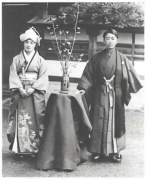 Two Asian men in traditional clothes pose for a photo, late meiji period, japanese related with flowers, edo period, ren xun and maruyama ōkyo, junji ito and horiyoshi iii, hoshino yukinobu, traditional japanese, Year 1 9 0 0, sen no rikyu, wearing a haori...