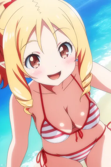 Yamada elf, bikini, white-red stripes bikni, beach, huge breasts, petite, loli, short, blonde hair, brown eyes, smile, topless,