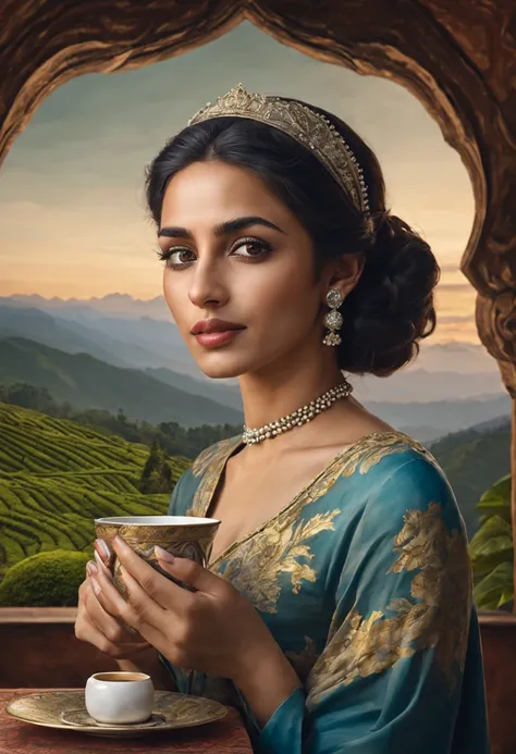 a portrait of arabic princess with a cup of tea, darjeeling mountains and tea plantations in the background, photorealistic, dramatic sky, masterpiece