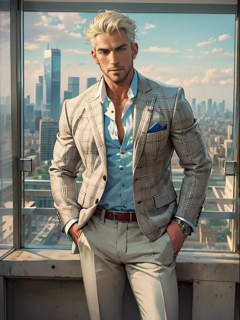 distinguished gentleman in a suit, light-colored hair, chest revealed, bare chest, pec muscles, buttons open, mature, stubble, c...