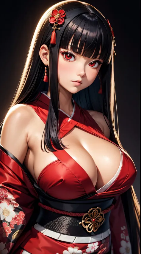 ((Best Quality)), ((masutepiece)), (Detailed), Perfect face　A detailed face　younggirl　cleavage of the breast　red eyes　long, thick black hair　 Blunt bangs　Solid background color　Stand and pose　wear kimono