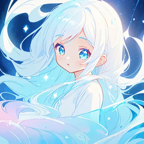 beautiful girl in flowing white dress, white and blue color palette, (whagical lights, long flowing white hair, otherworldly white and blue landscape background, inspired by Glen Keane, inspired by Lois van Baarle, disney art style, by Lois van Baarle, glo...