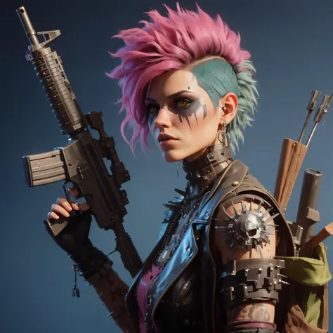 Pink haired French-German woman holding gun and, Surreal cyberpunk style, cyberpunk character, cyberpunk character art, cyberpunk style colors, unreal engine character art, diesel punk female, cyberpunk judy alvarez, cyberpunk character design, heroines, c...