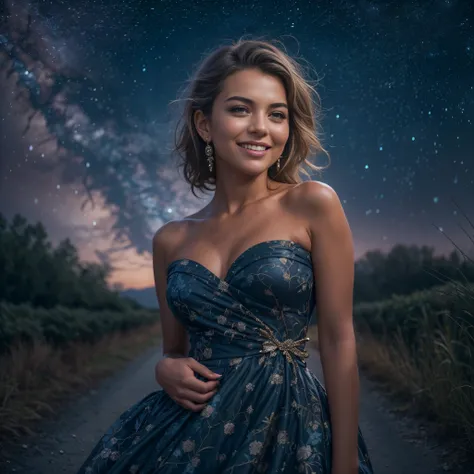 Best quality, masterpiece, ultra high res, (photorealistic:1.4), raw photo, 1girl, 30 yo woman, off shoulder dress, smile, glamorous clothing, country lane, vivid starry sky