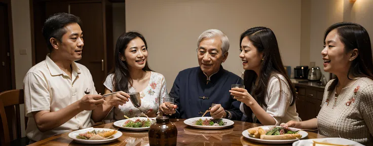 famiglia，There are old people and children，Have dinner together at home，Chinese style、Asian people，フォトリアリスティック，Happy and happy，