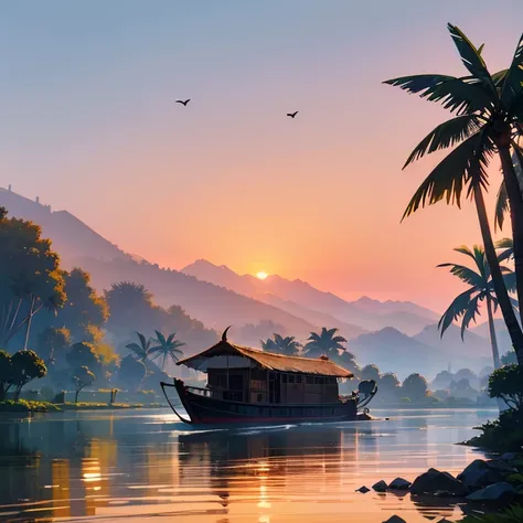 Kerala landscape, sunrise, mountain, birds in the morning sky, river, house boat, greenery, coconut tree in river side