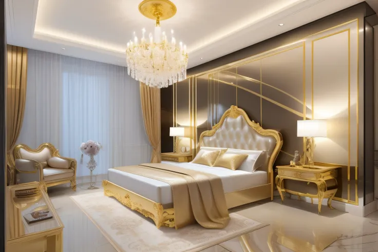 Modern luxury interiors of a bedroom of size 16ft x 20ft, golden, ultra realistic, real photography, italian marble flooring,