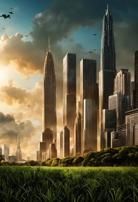 create a digital matte painting for a giant forest of a sci-fi movie set with giant skyscrapers next to the forest trees ,in the sky of this illustration, um astronauta masculino com uniforme branco voa com o foguete suitpac nas costas e voa baixo perto do...