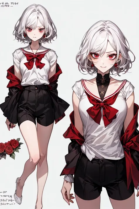 （（tmasterpiece）），（（（（best qualtiy））），（CharacterDesignSheet，Same character，frontage，Lateral face，on  back），lovely girl，with short white hair，red color eyes，ssmile，Black sailor costume with shorts，Red roses as accessories，详细的脸，detailed hairs，（simple backgoun...