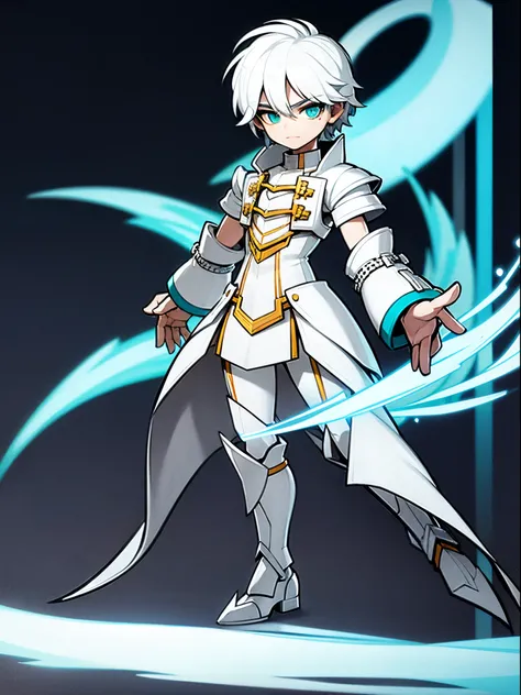 A male character with white hair and turquoise highlights that have white and turquoise dragon armor while in a standing pose