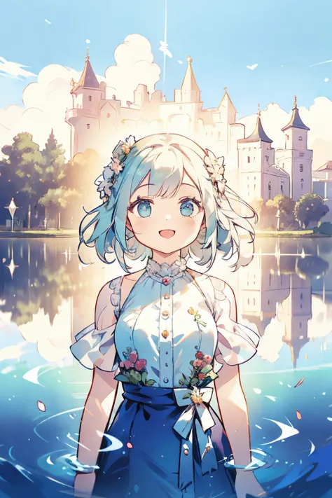 Use your imagination with this visually illustrated prompt, A girl with a bright smile appears, Her outfit 、A perfect match for the enchanting lakeside backdrop, Enhanced with mesmerizing multiple exposure effects