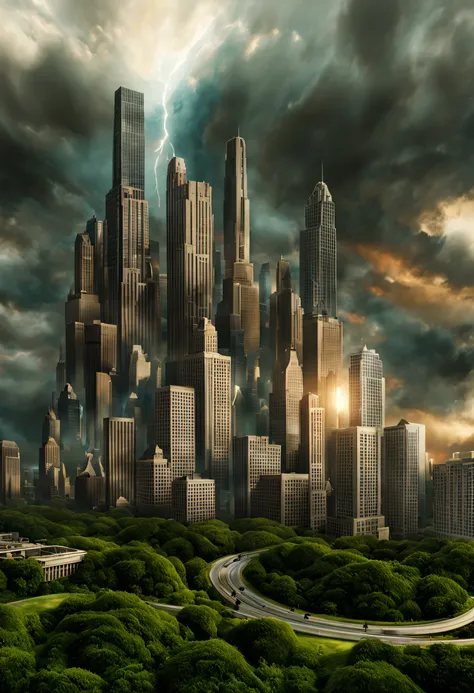 create a digital matte painting for a giant forest of a sci-fi movie set with giant skyscrapers next to the forest trees ,in the sky of this illustration, um astronauta masculino com uniforme branco voa com o foguete suitpac nas costas e voa baixo perto do...